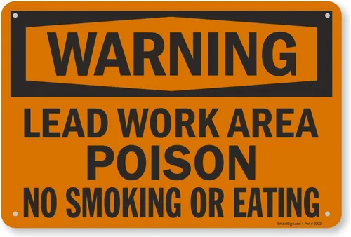 Vista 2 de SmartSign -S-0148 Letrero "Advertencia - Área de trabajo de plomo, veneno, no fumar ni comer" 7" x 10" Aluminio - Negro sobre Naranja