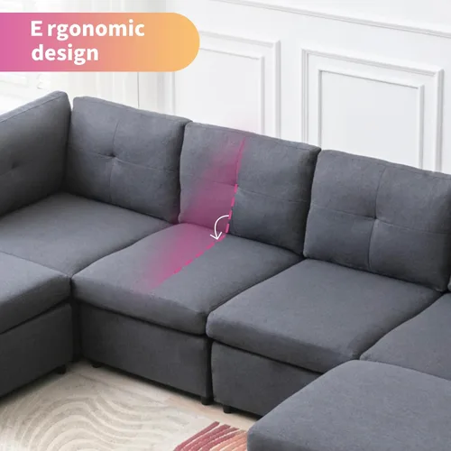 Vista 5 de Sofá modular seccional, sofá convertible en forma de U con otomanas extraíbles, diseño capitoné, sofá modular de 6 asientos para sala de estar, gris