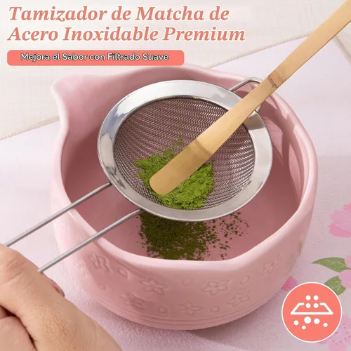 Vista 4 de ALBISS Juego de regalo de batidor de matcha, 7 piezas de cerámica con flor Rosa (Sakura Pink)