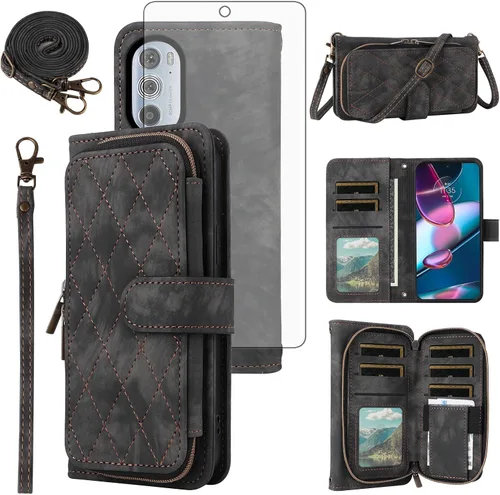 Vista 10 de Funda para teléfono Motorola Edge + Plus 2022/Edge X30/30 Pro con protector de pantalla de vidrio templado, correa cruzada, soporte con cremallera