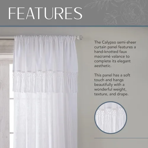 Vista 11 de Elrene Home Fashions Calypso - Cortina para ventana, de algodón semitransparente con borlas de macramé anudadas a mano, con bolsillo para barra, 52