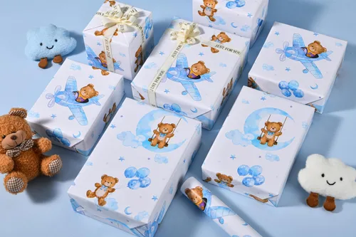 Vista 2 de Sikiweiter Papel de Regalo para Baby Shower – 17 pulgadas x 16.4 pies – Rollo de Papel de Regalo con Oso de Peluche para Regalos de Baby Shower