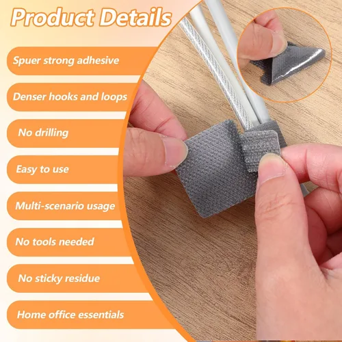 Vista 5 de 100 bridas de gancho y bucle, clips autoadhesivos de gestión de cables, correas ajustables de gancho y bucle, envoltorios de cable, soporte de cable