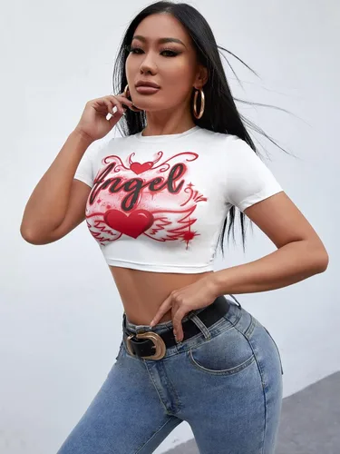 Vista 4 de SOLY HUX Camiseta corta de manga corta Y2k para mujer, camiseta de verano, Blanco