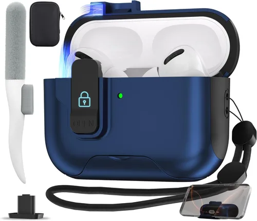 Vista 21 de Maxjoy Funda protectora para AirPods Pro 3 con kit de limpieza, funda rígida militar con bloqueo que absorbe los golpes, azul oscuro