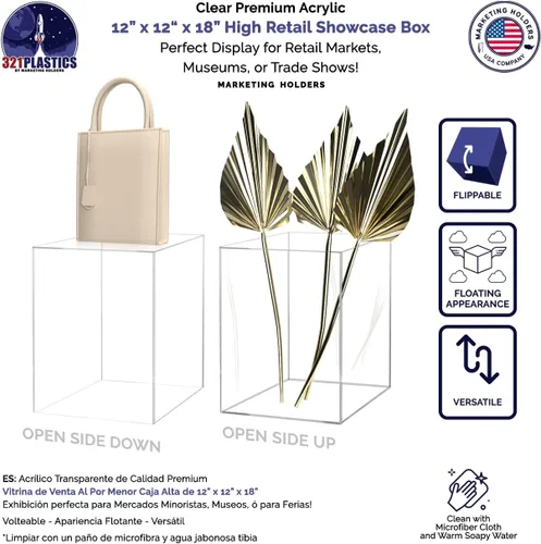 Vista 3 de Caja de exhibición de acrílico transparente de 12 x 12 x 18 pulgadas con un lado abierto sin tapa, versátil y alto Lucite para productos al por