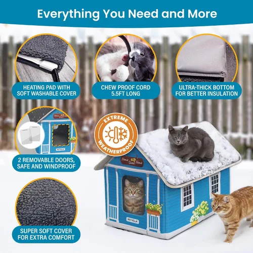 Vista 3 de Casa climatizada de lujo para gatos para invierno, resistente a la intemperie, aislada, fácil montaje, almohadilla térmica para gatos, puertas