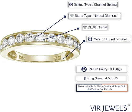 Vista 3 de VIR JEWELS Anillo de boda de diamante blanco de 1 cttw a 2 quilates para mujer, juego de canales de oro de 14 quilates, tamaño 4.5-10