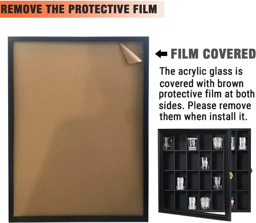 Vista 5 de Vitrina de vidrio de chupito, soporte de madera para armario montado en la pared, caja de sombra negra con cerradura con protección UV, exhibición