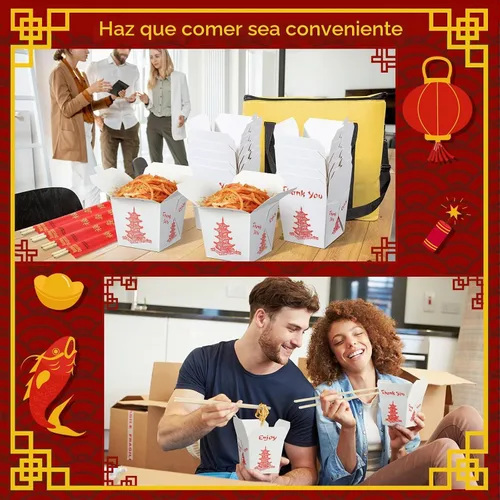 Vista 6 de Sabary 50 juegos de cajas chinas de 8 onzas para llevar con palillos, recipientes de papel de pagoda para alimentos con palillos desechables