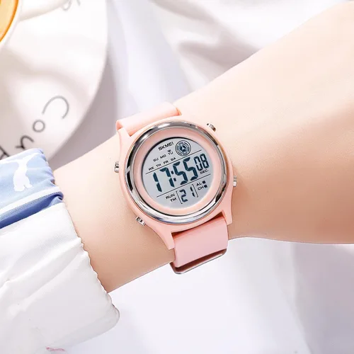 Vista 5 de Relojes digitales para mujer, pantalla LED, correa de silicona, reloj militar, multifunción, impermeable, alarma, cronómetro, retroiluminación LED