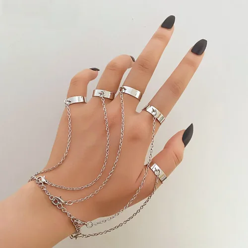 Vista 6 de Pulsera de cadena punk para mujer, ajustable, gótico, genial, apilable, arnés de mano, anillos de cadena, pulsera Eboy Egirls Hiphop Rock