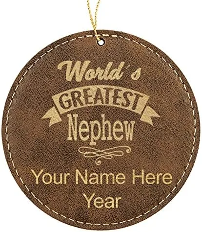 Vista 6 de LaserGram Personalized Christmas Ornament, World's Greatest Nephew, Faux Leather, Custom Laser Engraved Gift Idea (Round Shape, Black with Gold)