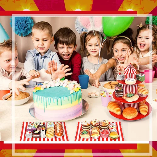 Vista 6 de Zopeal - Juego de 7 soportes para tartas de carnaval de 3 niveles, soporte para cupcakes de circo, carnaval, 1 nivel, bandeja rectangular