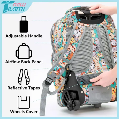 Vista 6 de NEW TILAMI Mochila con ruedas para niñas y niños de 1618 pulgadas, mochila para computadora portátil para niños, mochila escolar de viaje, Gatos