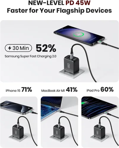 Vista 10 de Cargador USB C, INIU de 2 puertos y 45 W, cargador súper rápido tipo C, mini cargador de pared PD PPS USB C plegable de GaN Tech para Samsung Galaxy