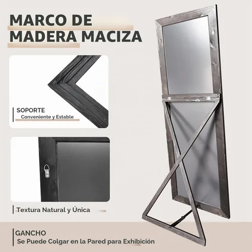 Vista 8 de Espejo de longitud completa de 65 x 22 pulgadas con marco de madera maciza para piso con soporte para colgar, poner de pie o apoyar contra la pared