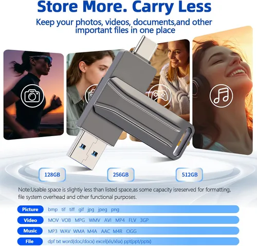 Vista 5 de Unidad flash USB de 512 GB, USB A dual y unidad de pulgar tipo C Negro
