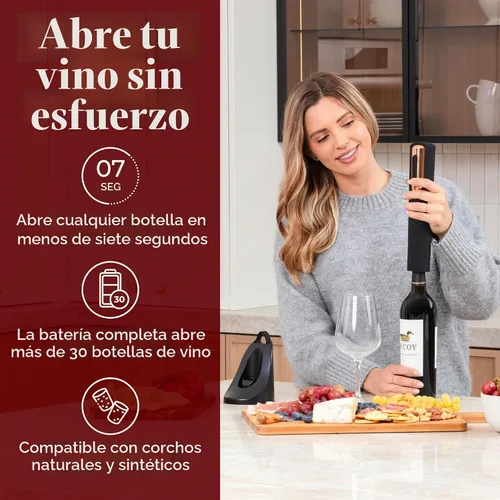 Vista 2 de Abrebotellas de vino eléctrico recargable, base de carga y cortador de papel de aluminio incluido con abridor automático de vino, sacacorchos Negro
