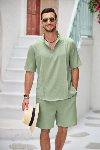 Vista 4 de COOFANDY Conjunto de lino de 2 piezas para hombre, camisa Henley, manga corta y pantalones cortos, trajes a juego para yoga y playa