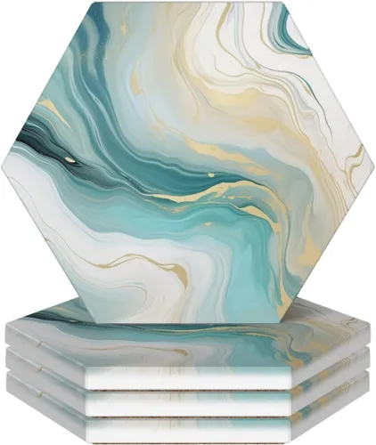 Vista 12 de Abstract Green and Gold Marble Ceramic Coaster Set of 4