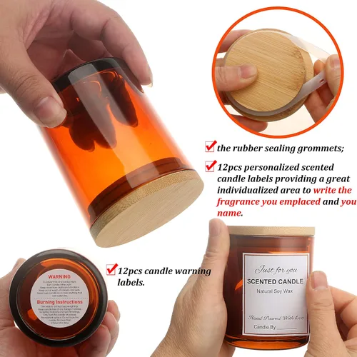 Vista 4 de MILIVIXAY Paquete de 12 tarros de vela de vidrio ámbar de 7 onzas con tapas y kits de fabricación de velas, tarros de velas vacíos a granel
