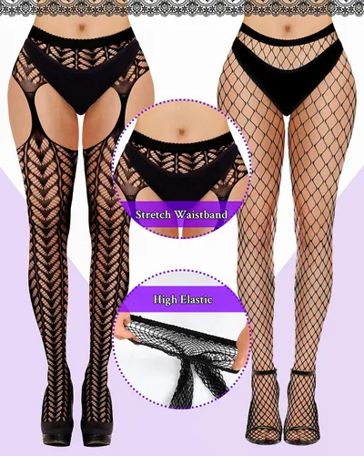 Vista 2 de 6 Pairs Women Fishnet Stockings Thigh High Stockings Garter Stockings Suspender Pantyhose Stocking Women Lingerie