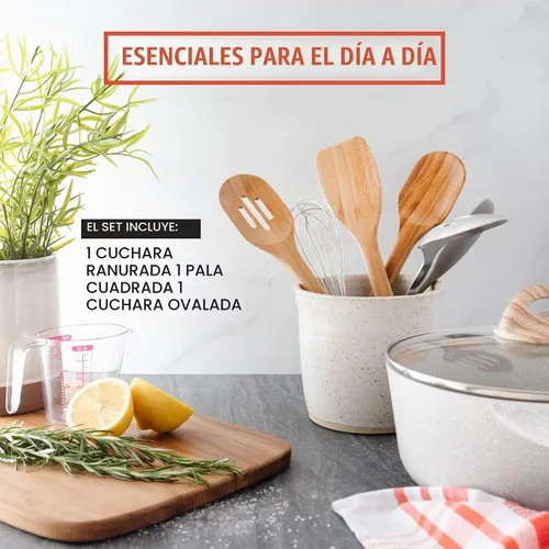 Vista 5 de Chef Pomodoro Juego de utensilios de cocina de bambú de 3 piezas, espátula de madera grande de 12.5 pulgadas y juego para freír