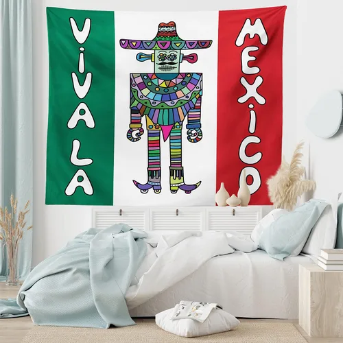 Vista 5 de Lunarable Tapiz mexicano, robot mexicano con sombrero y poncho sobre bandera mexicana, impresión de fondo de color, decoración colgante de pared