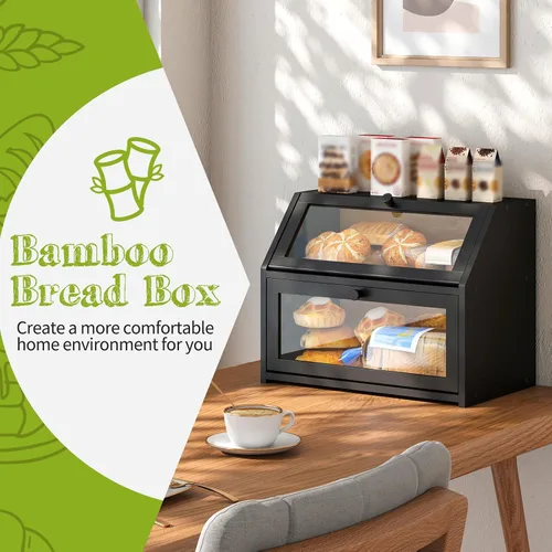 Vista 2 de Caja de pan de granja BMOSU para mostrador de cocina Caja de pan de doble capa de bambú y madera de gran capacidad contenedor de almacenamiento