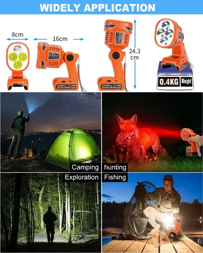 Vista 6 de Adisipsoarin Linterna LED inalámbrica para batería Black and Decker de 20 V, luz de trabajo LED de 22 W con puertos de carga rápida USB-A y USB-C