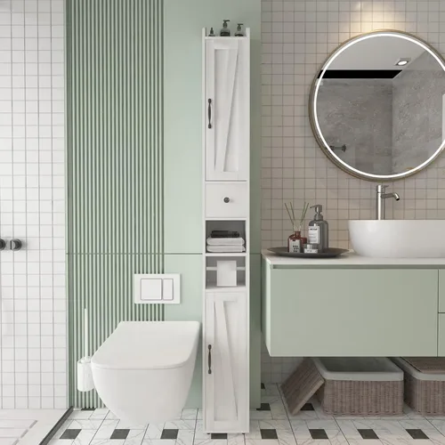 Vista 12 de Maupvit Armario de almacenamiento de baño con 2 puertas de vidrio esmerilado, armario de almacenamiento alto y estrecho con puertas y estantes