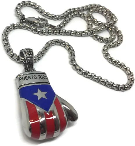 Vista 2 de Colgante de guante de boxeo con bandera puertorriqueña con caja de 24 pulgadas, collar de cadena de acero inoxidable enlazado para hombres