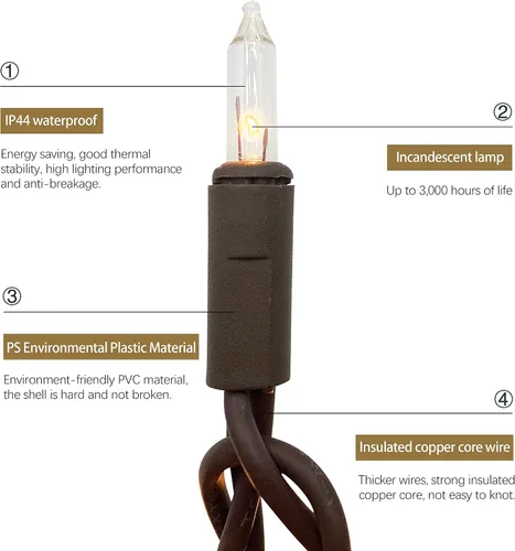 Vista 3 de Cadena de luces navideñas marrones con cable blanco, 100 mini bombillas incandescentes, impermeables, para interiores y exteriores, decoración