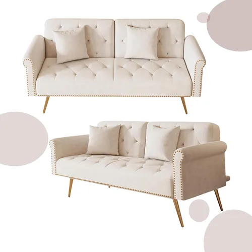 Vista 8 de Sofá Cama Futón de Terciopelo Moderno 2 en 1, Sofá Cama Plegable Convertible con 2 Almohadas, Loveseat Reclinable Acolchado de 63" con Patas de Beige