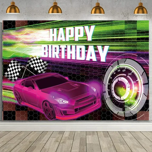 Vista 21 de MEHOFOND Telón de fondo negro de 7 x 5 pies, decoración de fiesta de carreras para niños, cartel de fiesta de cumpleaños con temática de auto