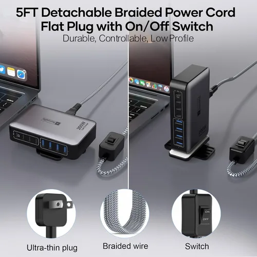 Vista 3 de Bloque de carga rápida USB C de 200 W, estación de carga de 8 puertos para iPhone/iPad/MacBook, caja de cargador 4C4A GaN, cargadores múltiples