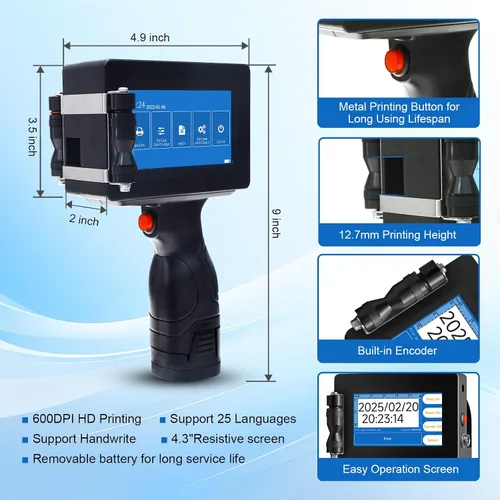 Vista 5 de PEKOKO LB100S Impresora de inyección de tinta térmica TIJ portátil inteligente de mano de 0.500 in en línea QR Bar Lote Número de fecha Máquina