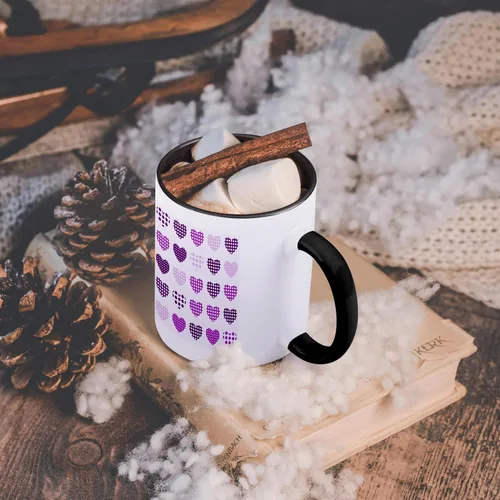 Vista 6 de 3dRose Taza de café, tamaño: 15 onzas, patrón de corazones de lunares morados y blancos en una fila, divertido regalo de taza de café