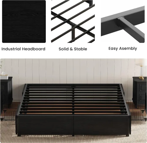 Vista 6 de LIKIMIO Queen Bed Frame with 4 Storage Drawers, Black Queen Size Platform Bed, Heavy Strong Metal Support, Solid Stable, Noise-Free, No Box Spring