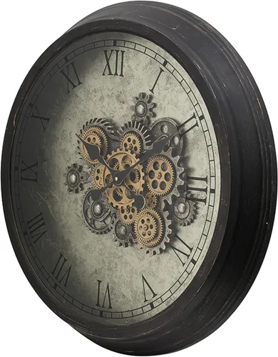 Vista 4 de Benjara - Reloj de pared de 28 pulgadas, diseño redondo de engranaje vintage, acabado marrón oscuro, negro y dorado