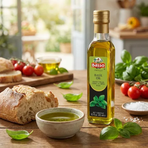 Vista 2 de Aceite de Oliva Extra Virgen con Albahaca para Sumergir y Degustar 8.5 fl oz (250 ml) Aceite de oliva con infusión de albahaca para sumergir