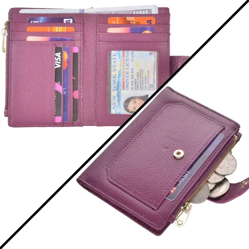 Vista 3 de Billeteras RFID pequeñas compactas y plegables de cuero para mujer, llavero con bolsillo con cremallera