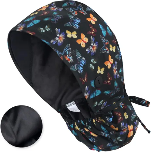 Vista 45 de QBA Gorra de trabajo ajustable con botón, gorro forrado de satén, gorro de trabajo de algodón, banda elástica para atar en la espalda, unisex