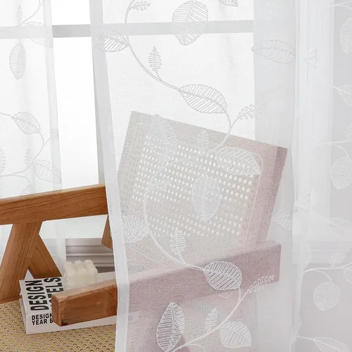 Vista 3 de YoungsTex Cortinas traslúcidas de lino con estampado de hojas de 63 pulgadas de largo para sala de estar, bolsillo para barra, cortinas de encaje
