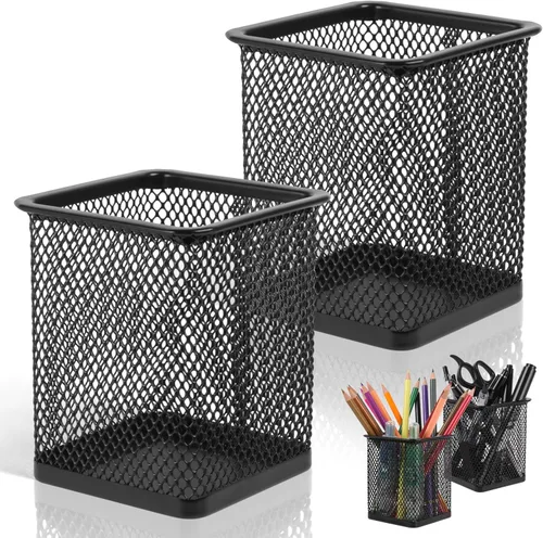 Vista 8 de Paquete de 2 soportes metálicos de malla para bolígrafos, 3.54 x 3.85 pulgadas, organizadores de espacio de trabajo para la oficina escolar