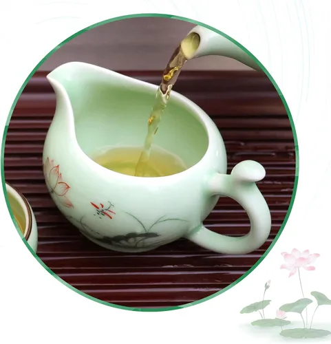 Vista 5 de DELIFUR Celadon Juego de té de porcelana hecho a mano con tema de loto, tetera de porcelana cubierta taza de té Gongdao taza de China