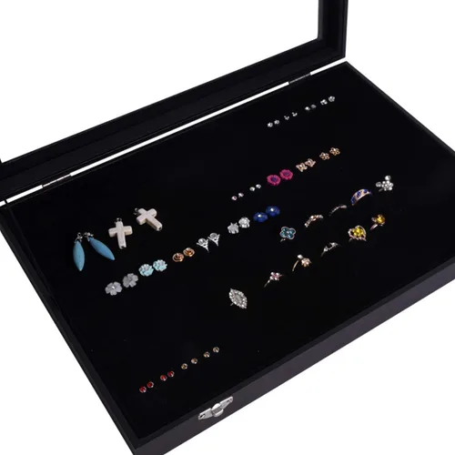 Vista 5 de AUTOARK Tapa transparente de terciopelo 7 ranuras joyería anillos pendientes caja escaparate organizador de exhibición, negro, AJ-084