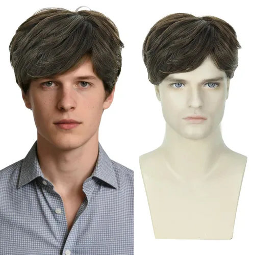 Vista 15 de Creamily Peluca marrón para hombre, disfraz de pelo corto, estilo cosplay marrón (Brown-1)