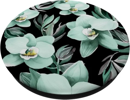 Vista 2 de PopSockets con diseño de orquídeas pastel, diseño de orquídeas verde menta, PopGrip intercambiable